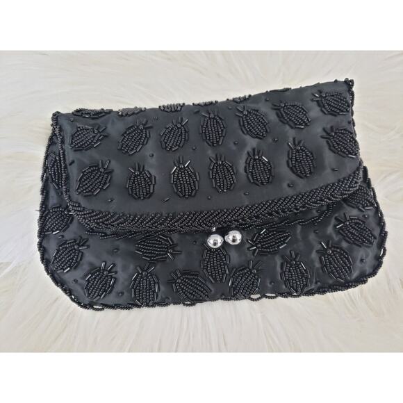 STUNNING Vintage 70s Black Silk Pineapple Fold Over Beaded Purse Clutch Swinger - Picture 1 of 8